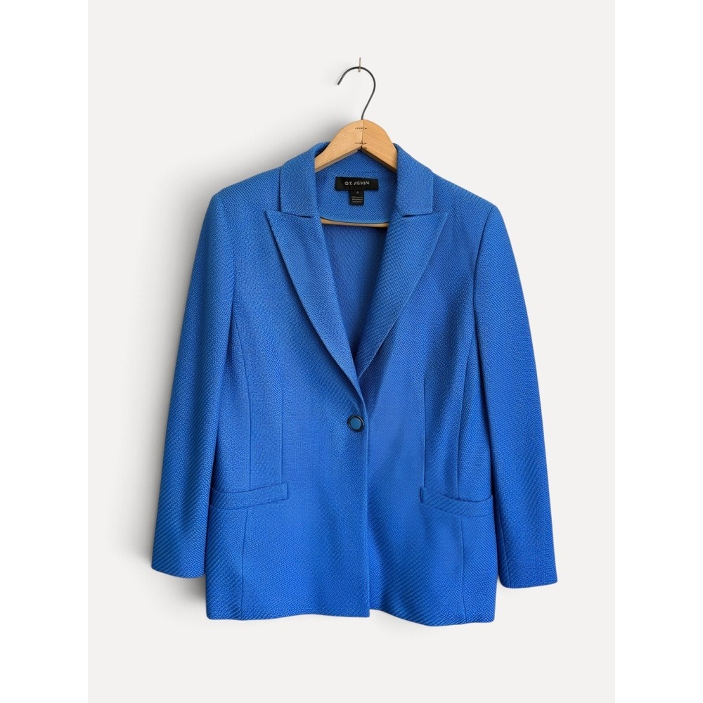 St. John Blazer Textured Knit Career Professional 8 Blue Wool Rayon
